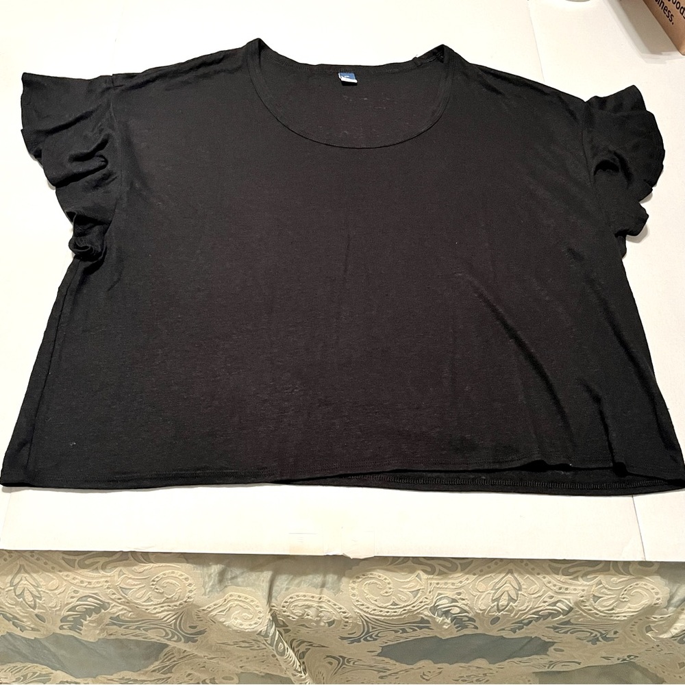 Old Navy Women Size XXL Black Linen Blend Short Sleeve Flutter Preppy Blouse Top